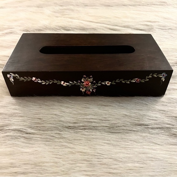 Other - Vintage HANDPAINTED Flowets Dark Wooden Rectangle Tissue Box Covet Midcentury